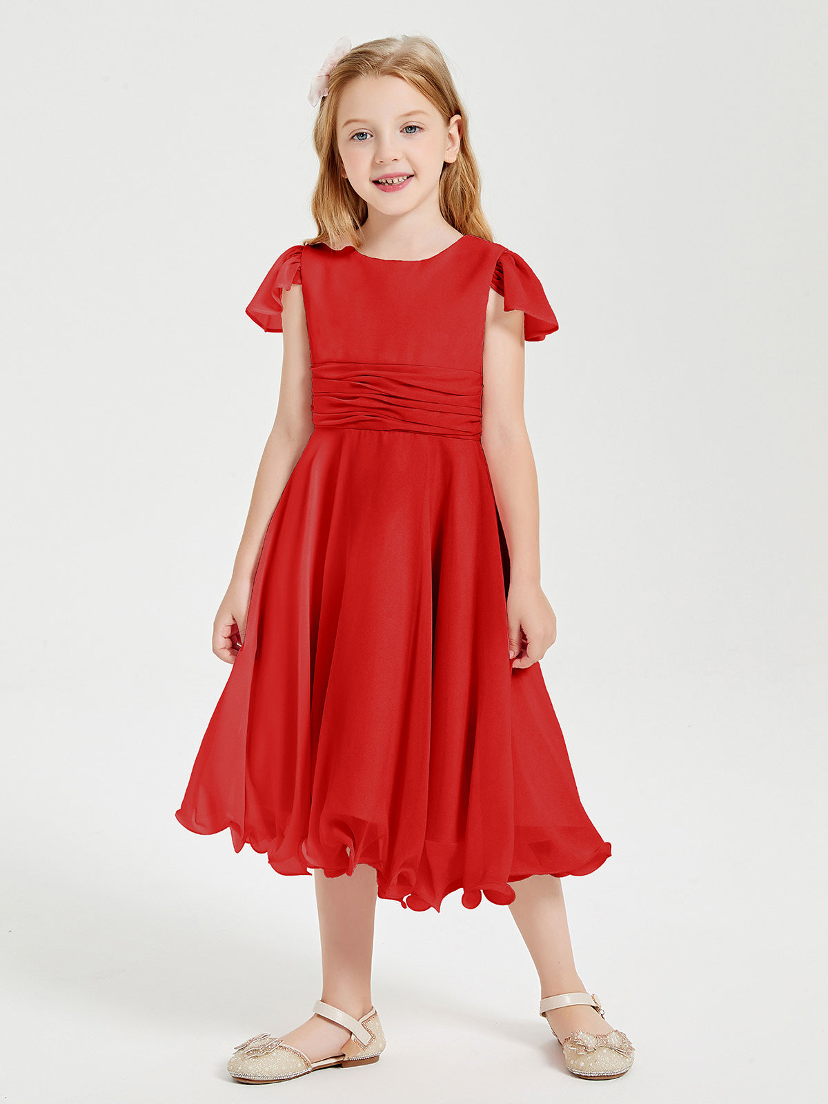 Chiffon Tea Length Junior Bridesmaid Dresses Red
